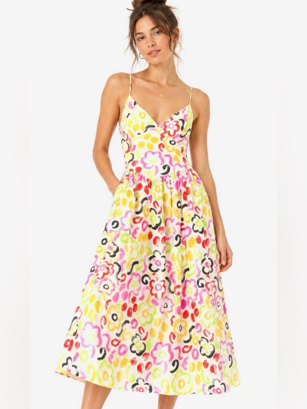 RHODE Abstract Floral Linen Midi Maxi Dress Pink Green Yellow Size 8